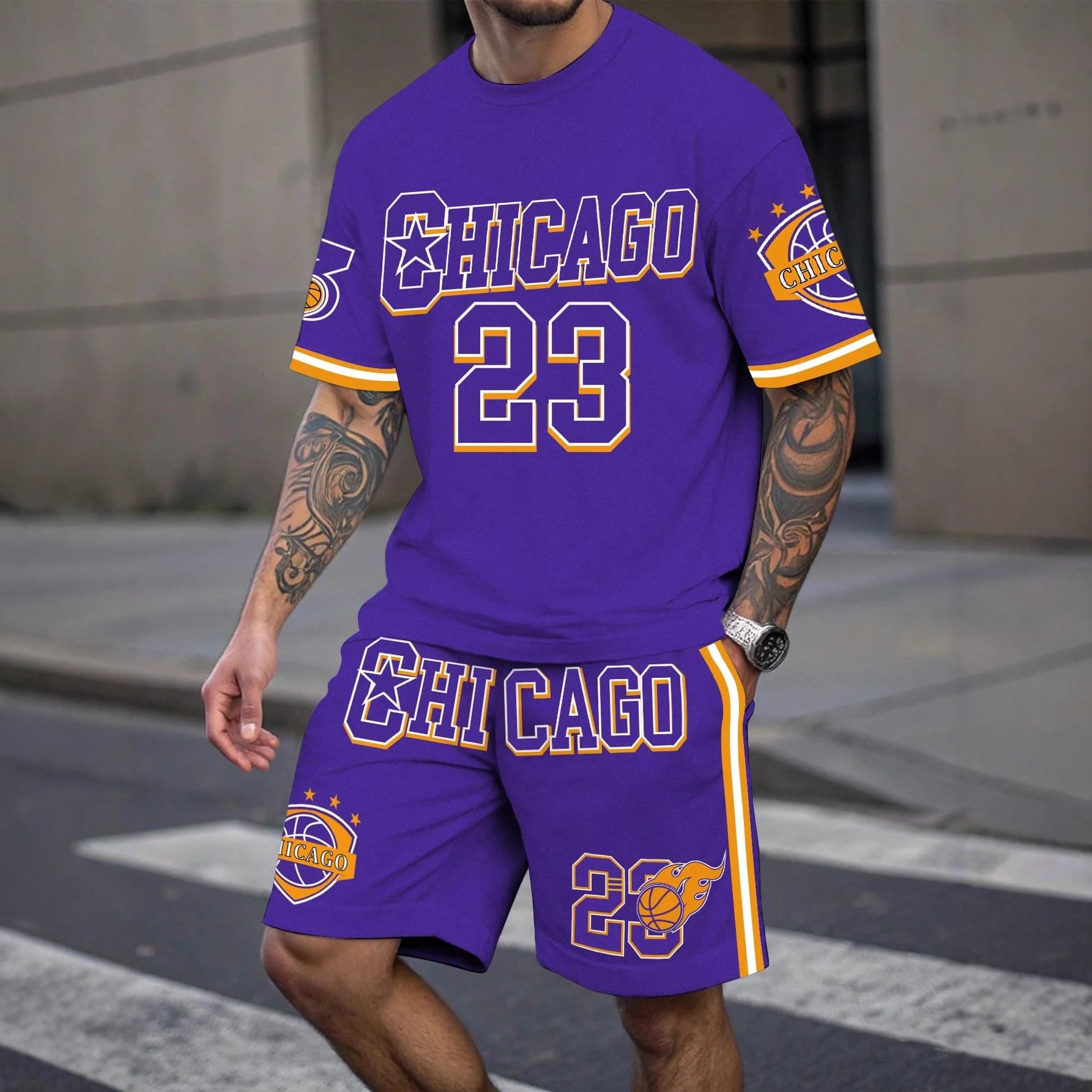 Multi-platform dropshipping available, black and red color-blocked cross-border European and American 2025 new summer men's sportswear set with print