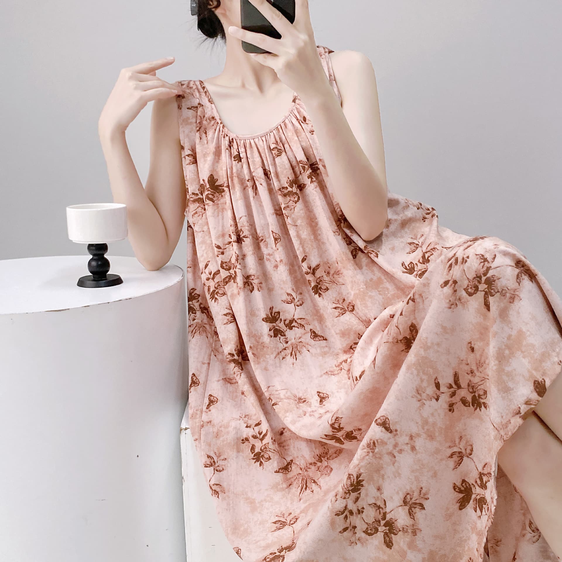 Women's Bowknot Sleeveless Dress Summer Camisole Pleated Maxi Dress Beach Vacation Long Sleepwear
