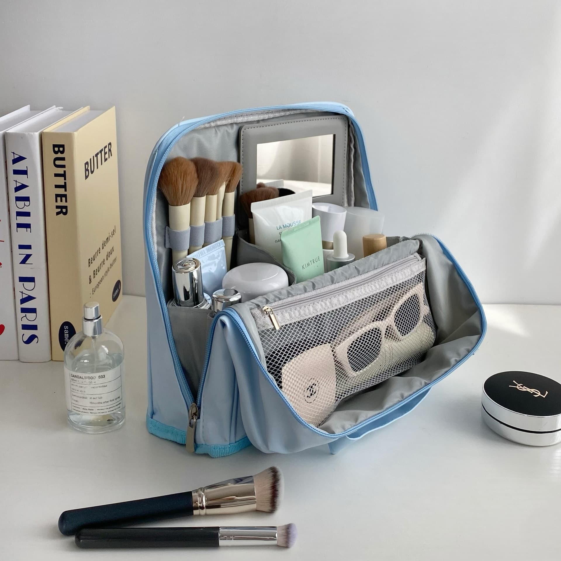 New Vertical Mirror Cosmetic Bag for Women, Portable Makeup Brush Pen Toiletry Bag with Compartments, Waterproof Travel Storage Bag