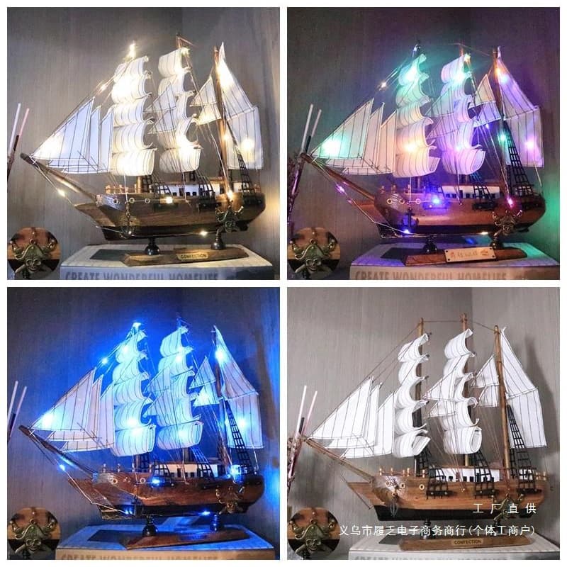 Chinese Style Solid Wood Smooth Sailing Handicraft with Light Sailboat Model Ornament Living Room Miniature Birthday Gift