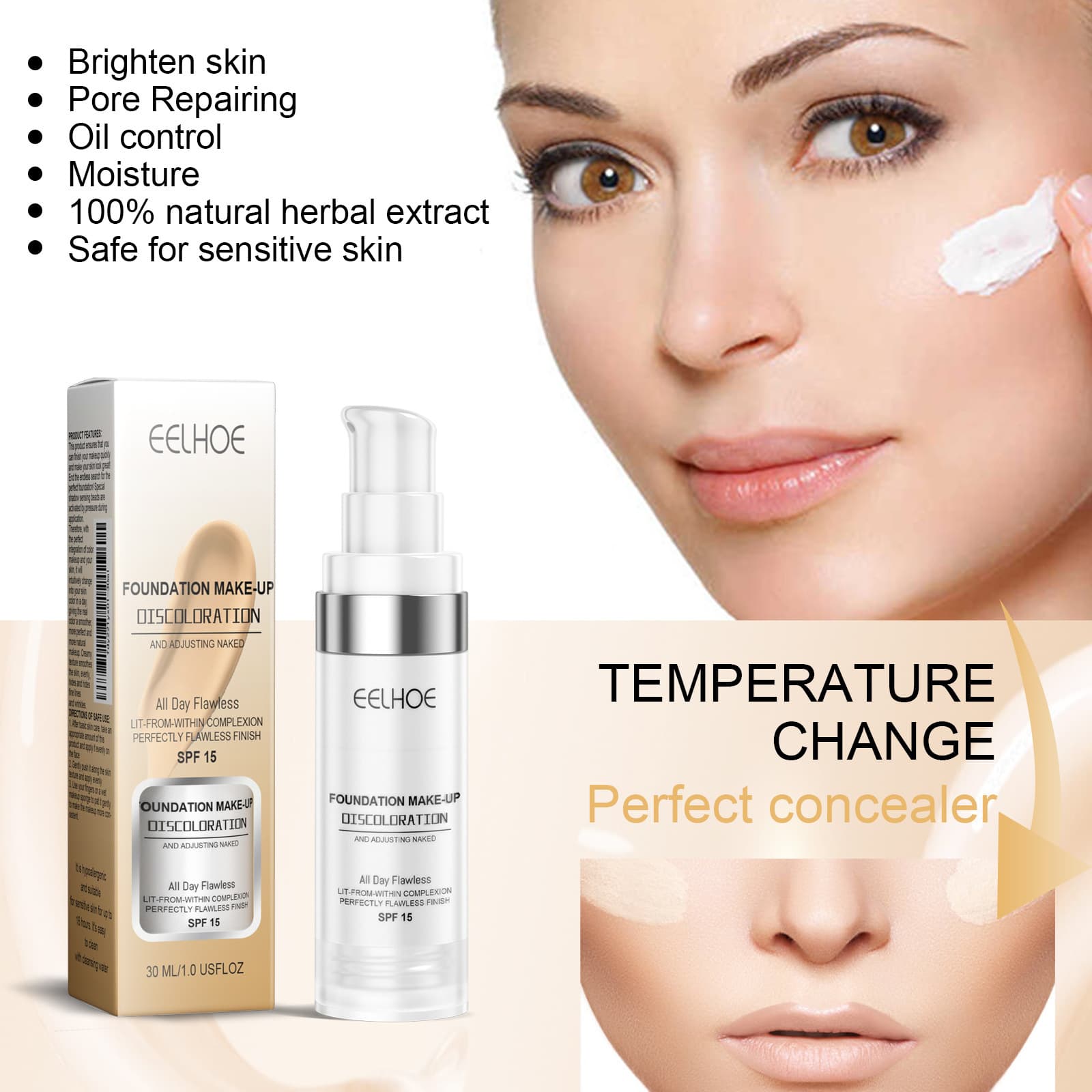 EELHOE Color-Changing Concealer Foundation Liquid, Hydrating, Lightweight, Moisturizing, Waterproof, Sweat-Resistant, Long-Lasting, Conceals and Brightens Skin Tone