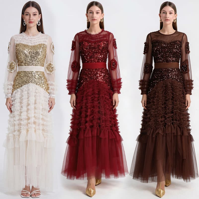 717 Heavy Industry Mesh Sequin Spliced Waist Style Ruffled Large Swing Cake Skirt