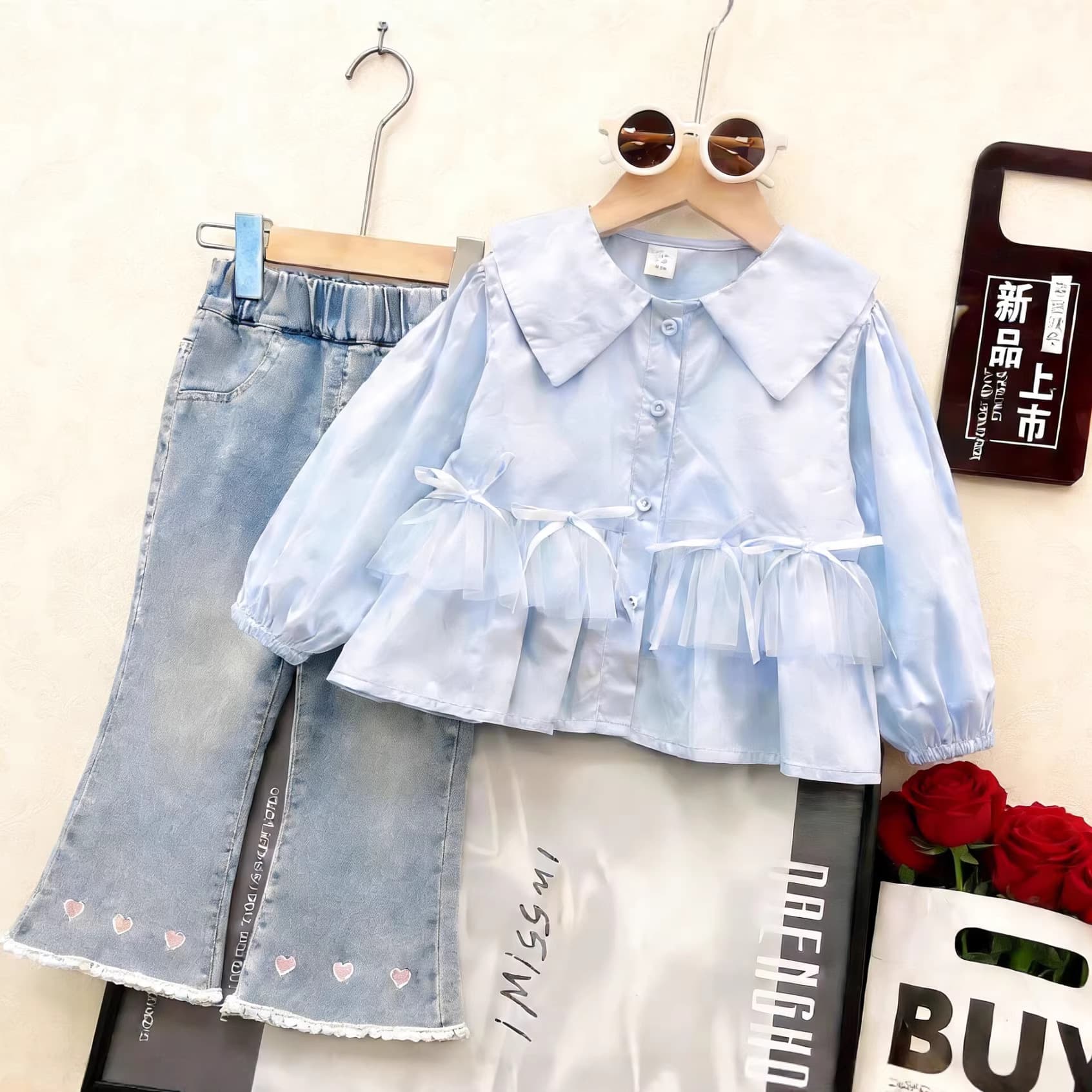 2026 new autumn girls suit long-sleeved blue bow mesh shirt + jeans two-piece set