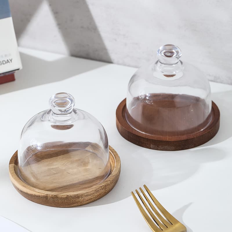Mini Dessert Plate Glass Cover Wooden Tray Mousse Dish Cake Plate Dessert Serving Plate Sweet Course Presentation Dish