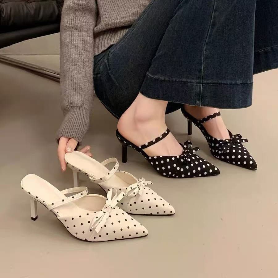 Versatile Fashion Polka Dot Pointed Toe Heeled Sandals for Women, Closed Toe Summer One-Strap Bow Tie Elegant