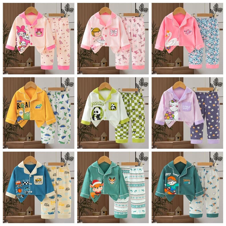 2026 Children's Pajamas Autumn Button-Up Long-Sleeve Long-Pants Boys and Girls Loungewear Set Factory Direct Supply