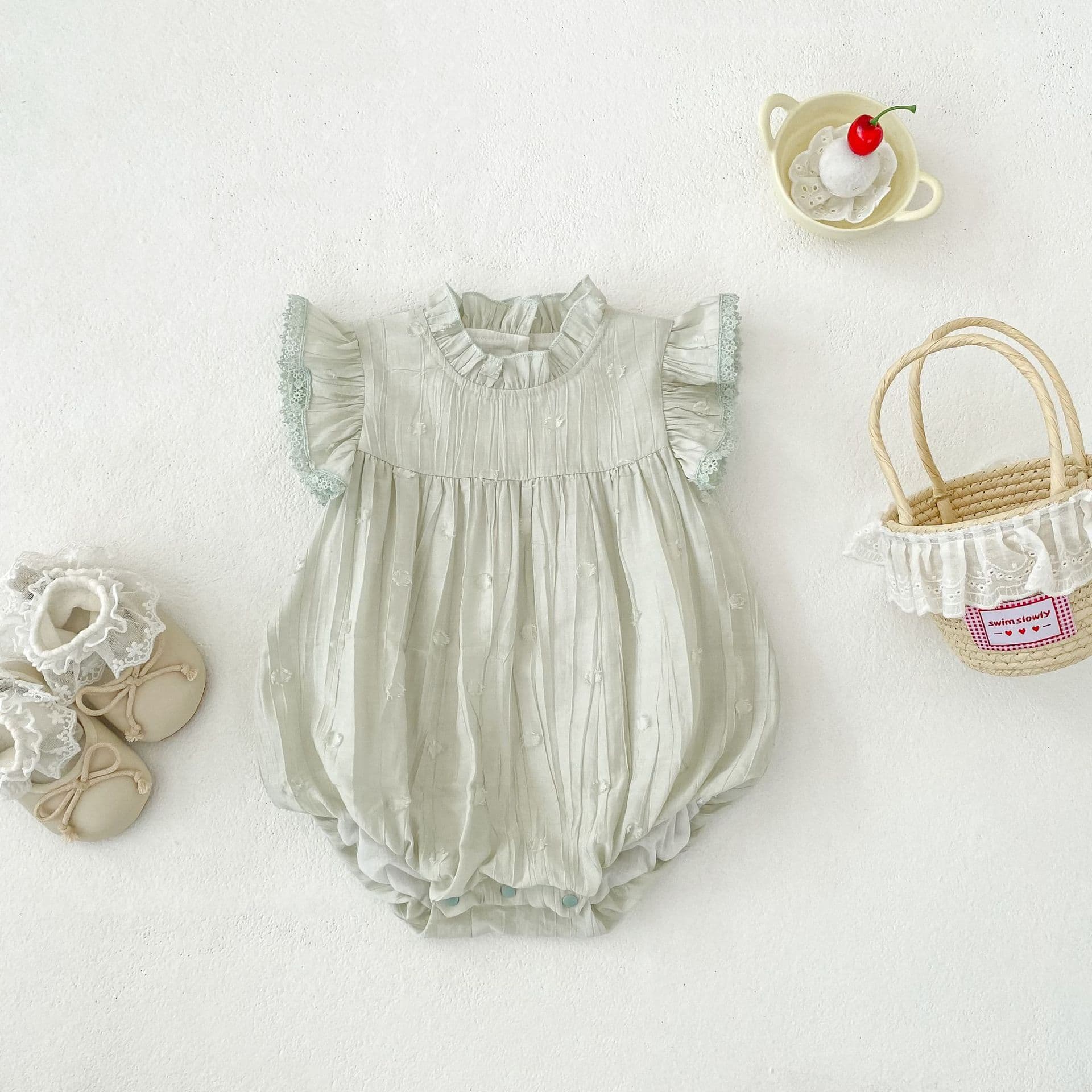 Summer Korean Style Baby Girl Clothes 1-3 Years Ruffle Fly Sleeve Lace Collar Sweet Outing Romper Crawling Suit Jumpsuit
