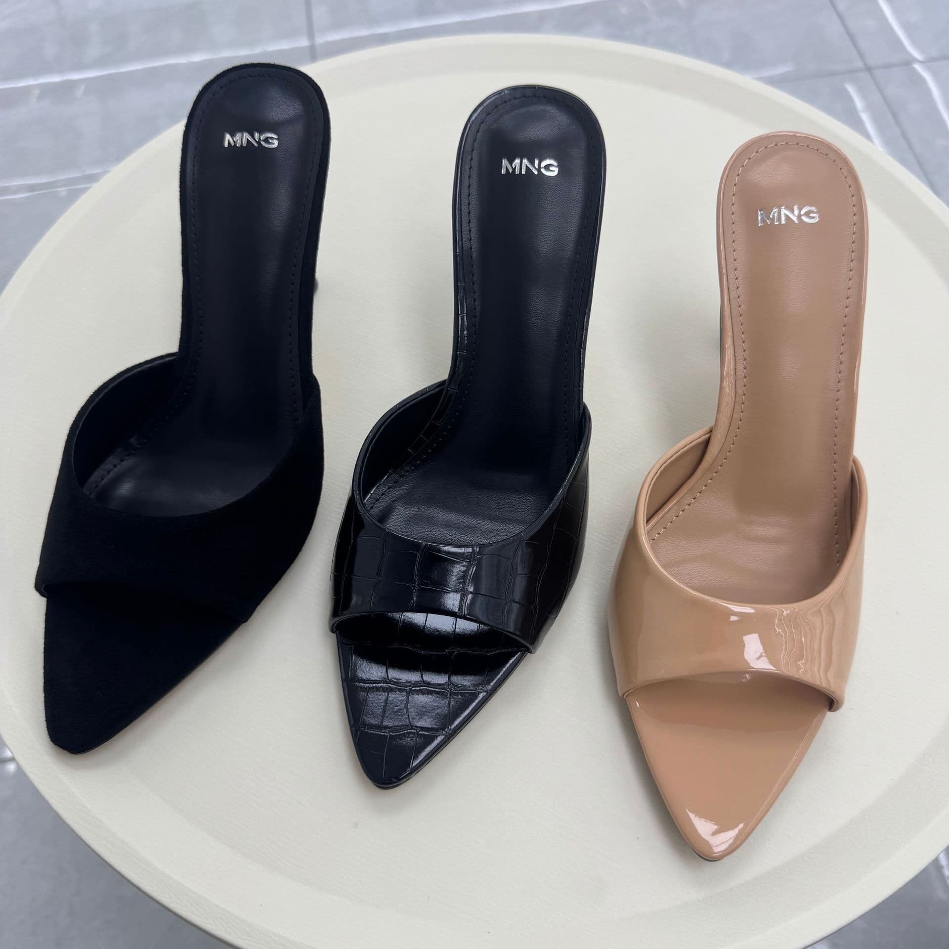 9cm High Heel Sandals Cross-Border Export Summer New MNG Thin Heel Round Toe High Heel Shoes One-Strap Half-Drag Sandals