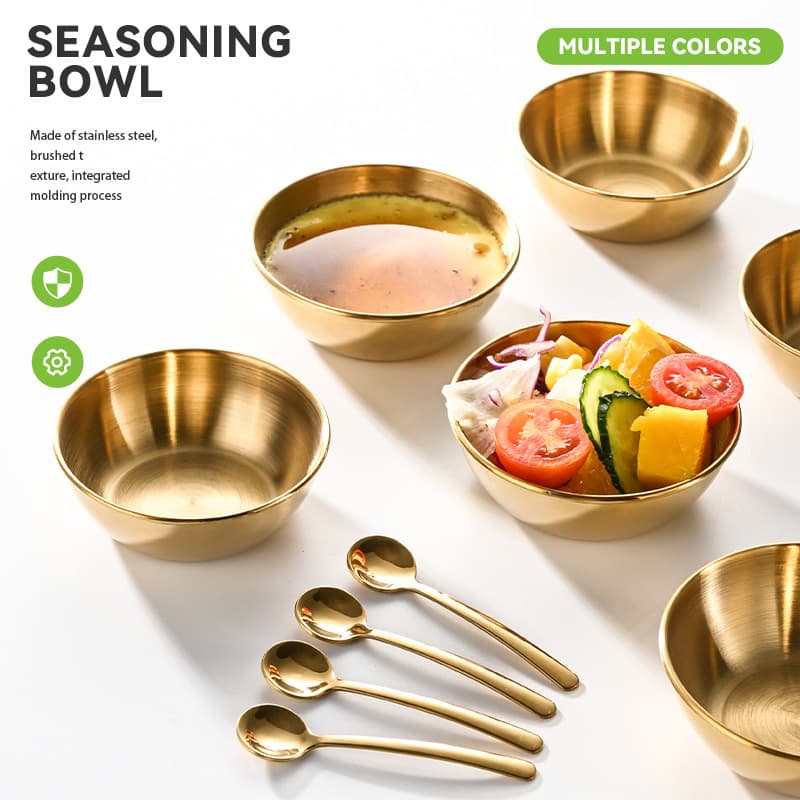 Stainless steel round golden dipping bowl and spoon 16-piece set of seasoning dishes and dipping sauce bowl with small spoon set facial mask bowl