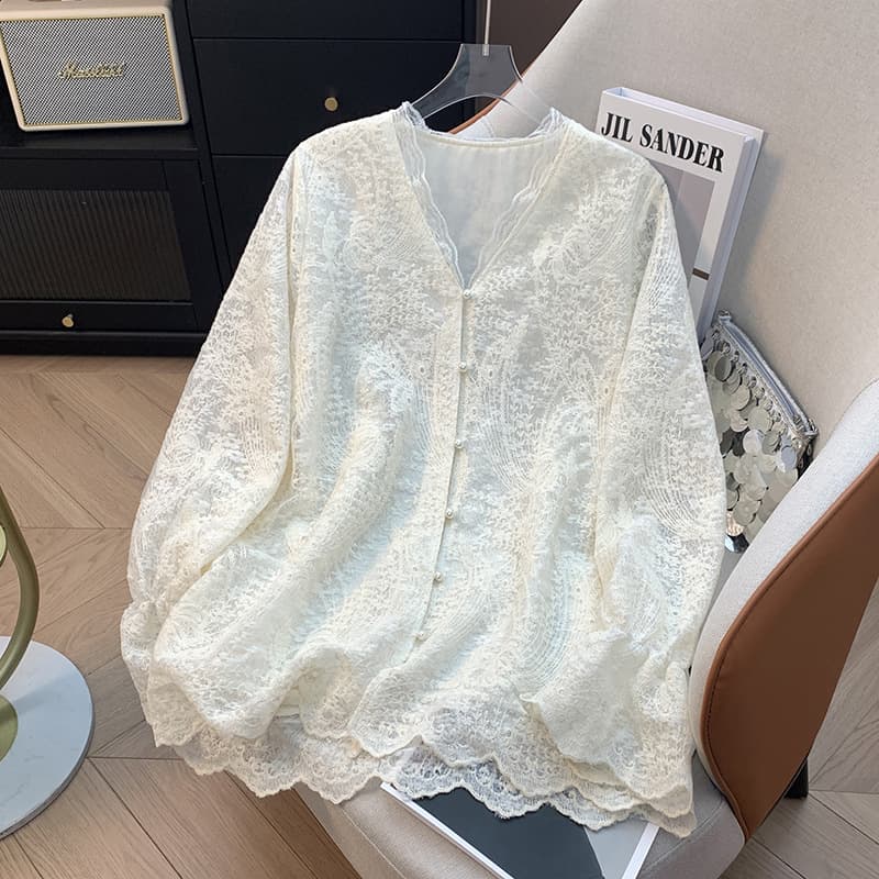 Light luxury literary V-neck embroidered lace long-sleeved shirt for women 2025 autumn loose inner wear slim versatile top trend