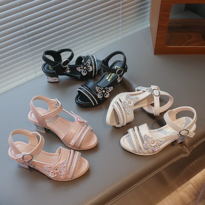 Girls' Rhinestone Butterfly High-Heeled Shoes 2026 Summer New Style Children's Cut Out Sandals for Girls and Older Children Performance Princess Shoes
