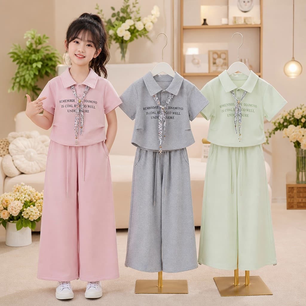 Girls Polo Shirt Set Summer New Fashion Letter Tie Short Sleeve Casual Pants Two-Piece Children Teen Clothing