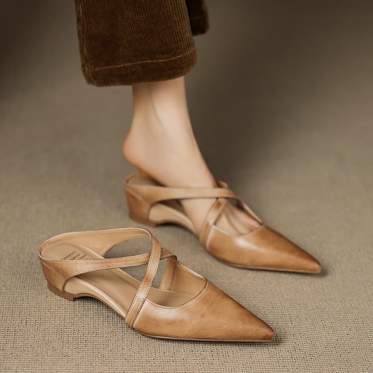 Wasteland Style Retro First-Layer Washed Cowhide Pointed-Toe Mules for Outer Wear and Inner Heightening Cross-Strap Toe-Cap Sandals for Women