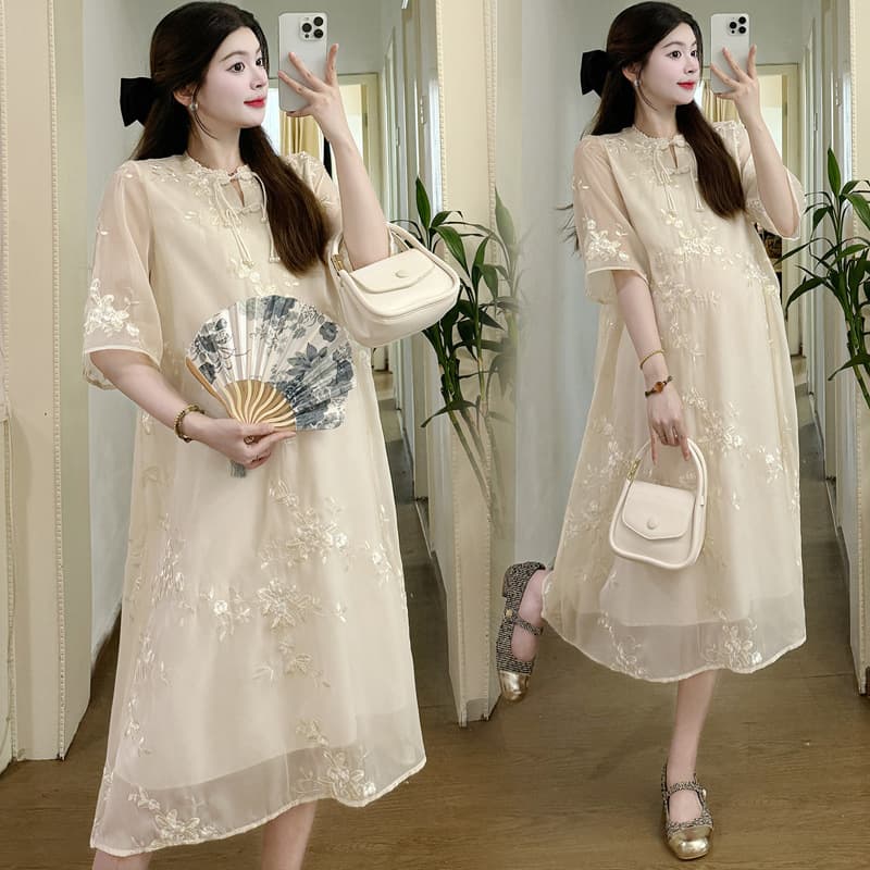 Maternity Autumn New Chinese Style Heavy Embroidery Modified Knee-Length Dress Summer Lightweight Breathable Loose Maternity Dress