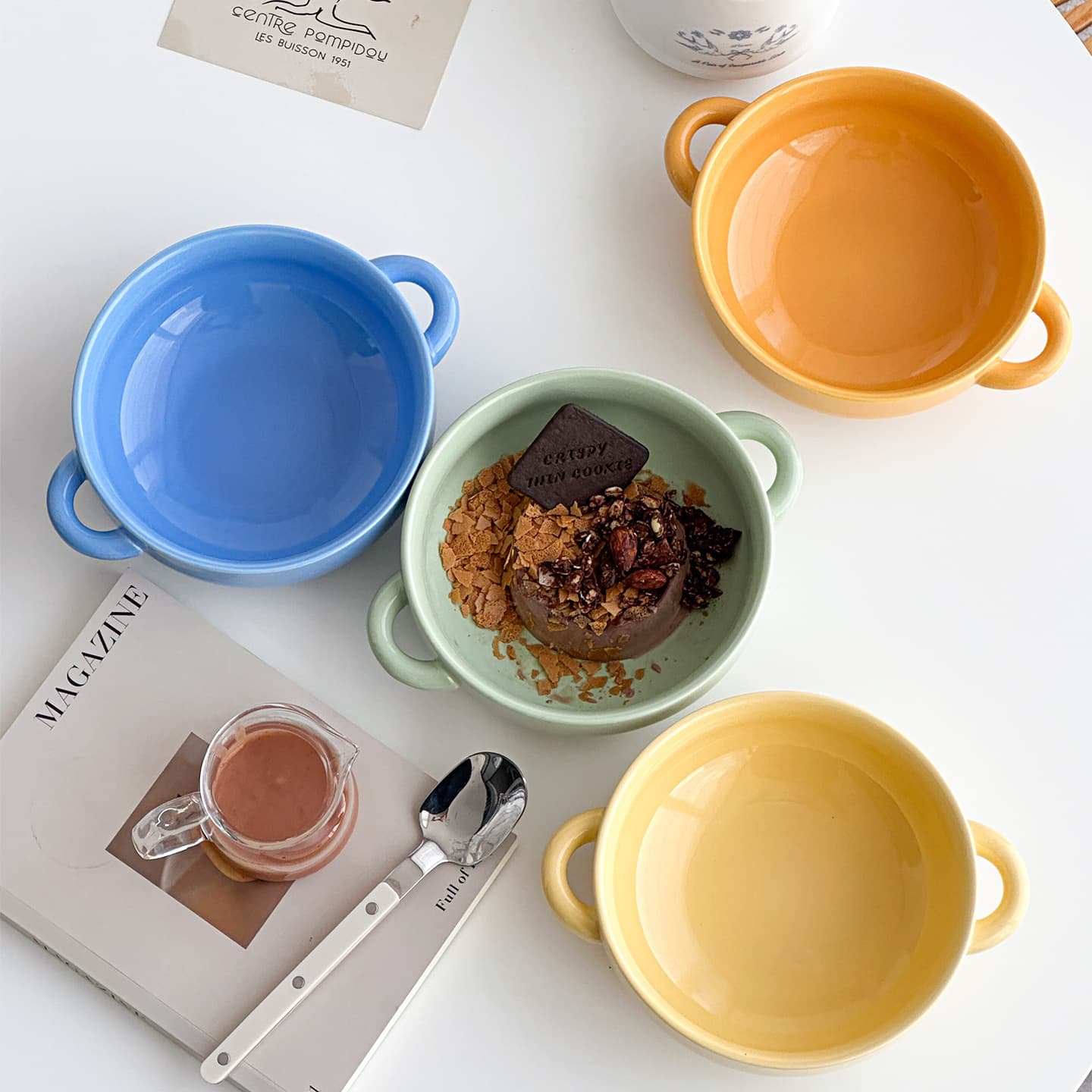 Moony Dopamine Dessert Bowl Beautiful Ceramic Double-Eared Bowl High-Looking Sugar Water Bowl Salad Bowl Oatmeal Porridge Bowl