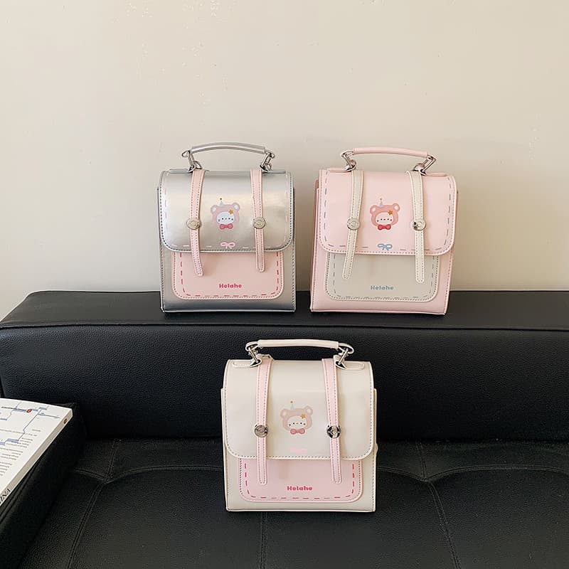 Cartoon Little Bear Contrast Color Flip Children's Backpack Glossy Soft Leather Girls Hand-held Small Square Bag Multi-purpose Crossbody Shoulder Bag