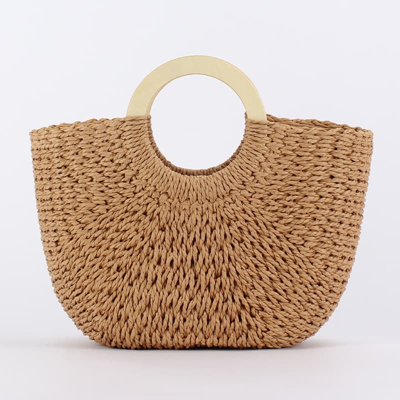 Wooden Handle Carry Forest Style Hand-Woven Bag Paper Rope Woven Bag Seaside Travel Vacation Beach Bag Large Capacity Women's Bag