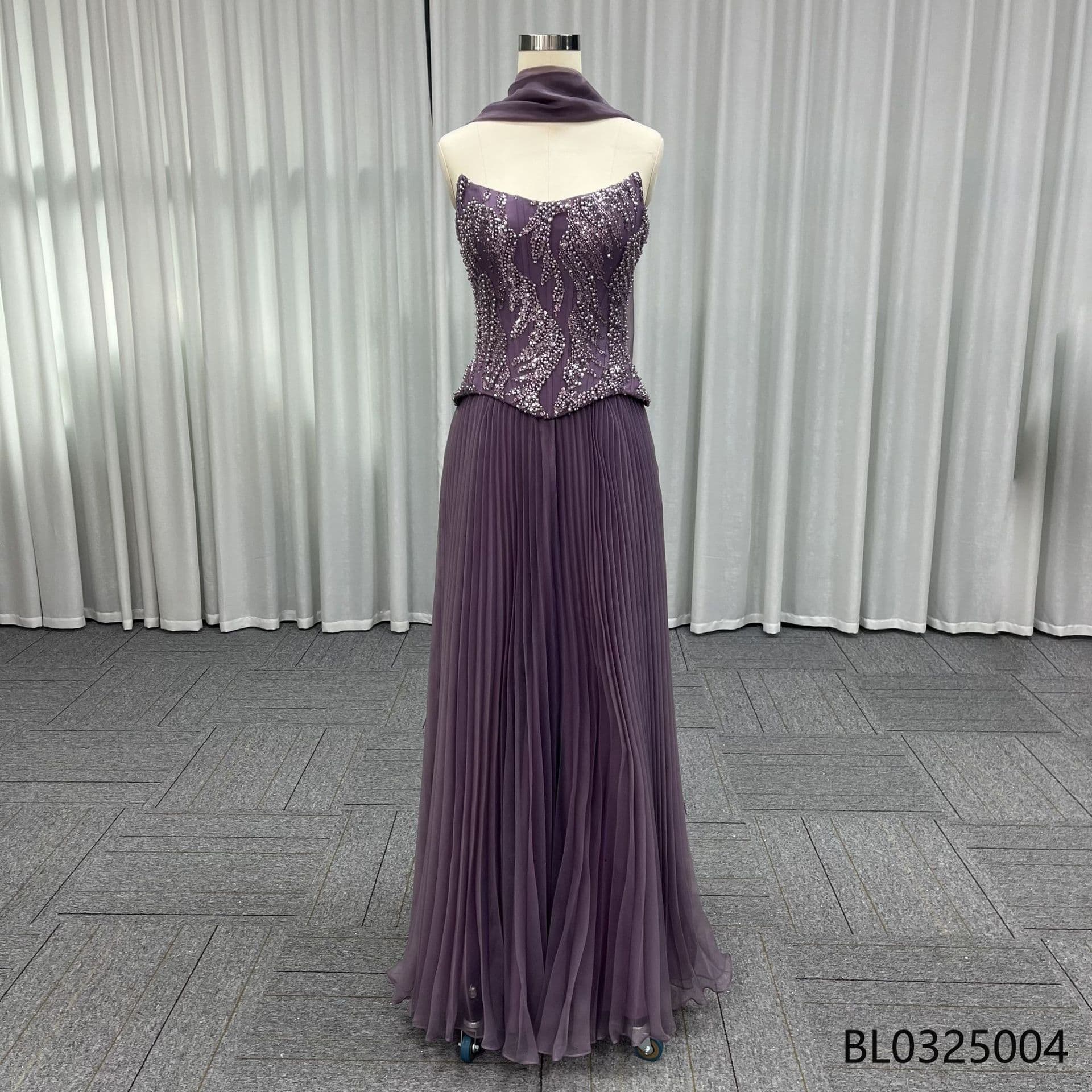 Purple elegant long dress with matching silk scarf, pleated A-line cut, beaded waist decoration
