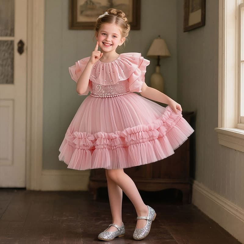 Girls Ruffle Beaded Puffy Dress Multicolor Tulle Princess Dress Children's Birthday Dress Flower Girl Performance Dress