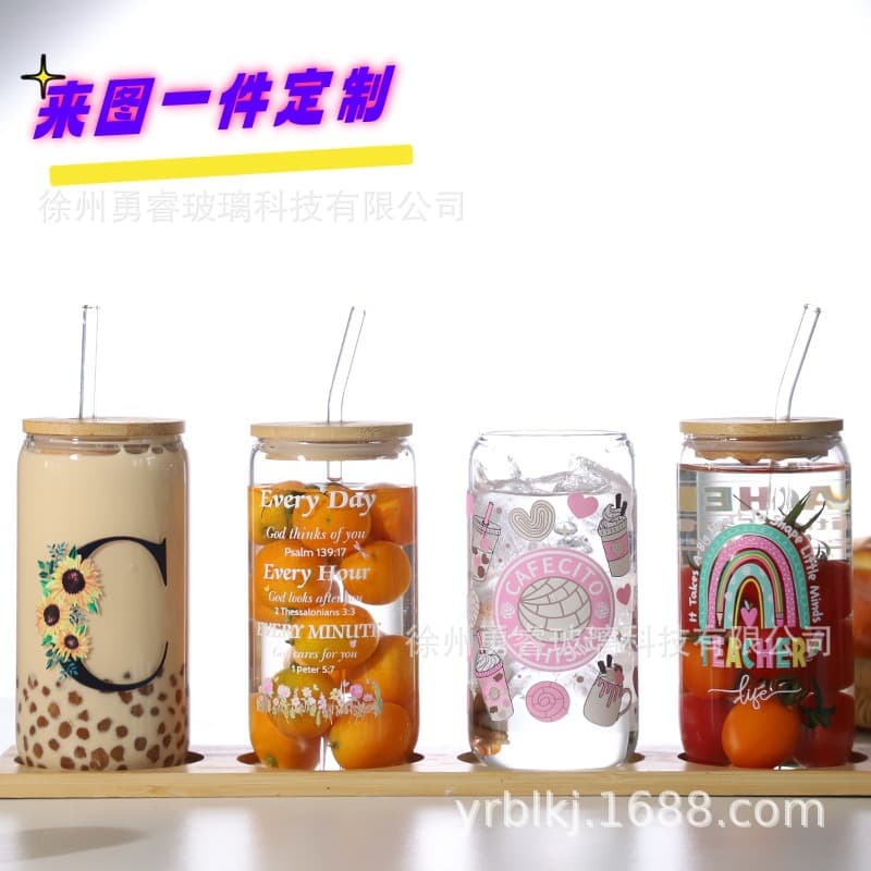 Cross-Border Bestseller 16oz Cola Cup Straw Set, High Borosilicate Glass Mason Jar with Wooden Lid for Juices