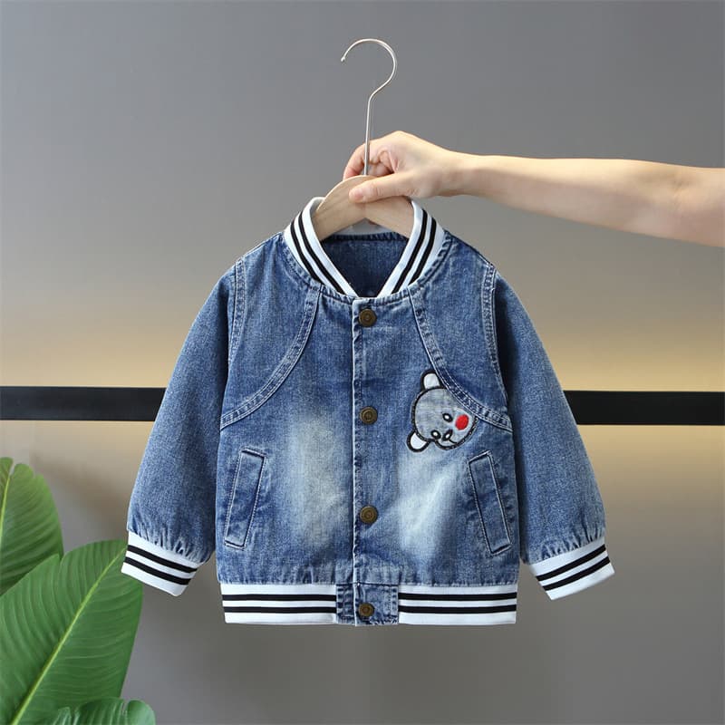 Stylish Bear Cub Denim Jacket For Boys 2024 Autumn New Korean Style Baseball Uniform Top Coat Warm Comfortable Fabric