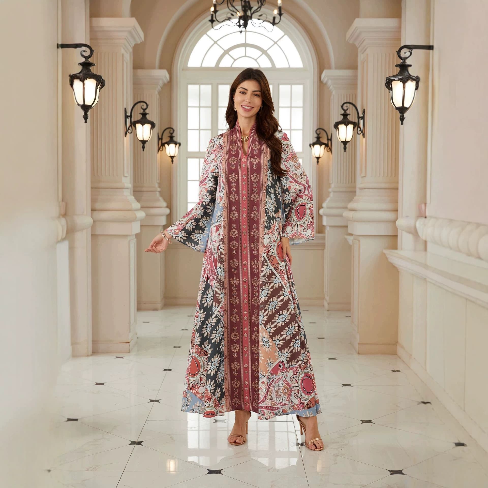 BX15 Cross-Border Dress Ethnic Style V-Neck Long-Sleeve Print Maxi Dress Loose Fit Jalabiya Women's Clothing