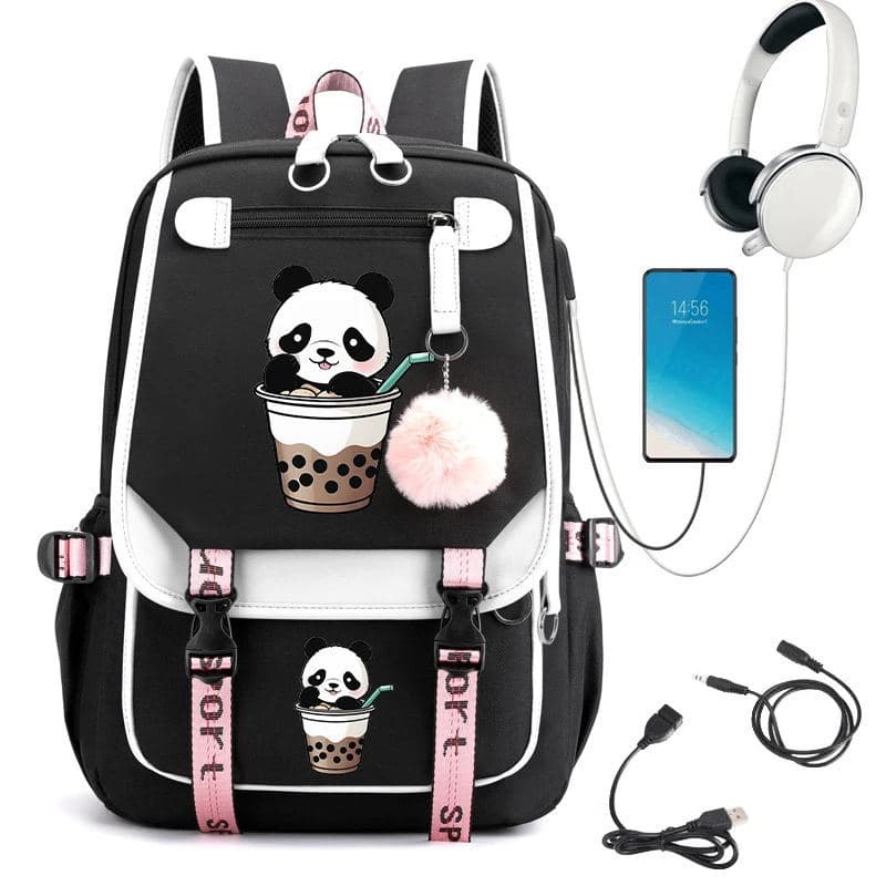 Cross-border Drop Shipping Panda Bubble Milk Tea Anime Backpack School Bag Casual USB Student Boys and Girls Backpack