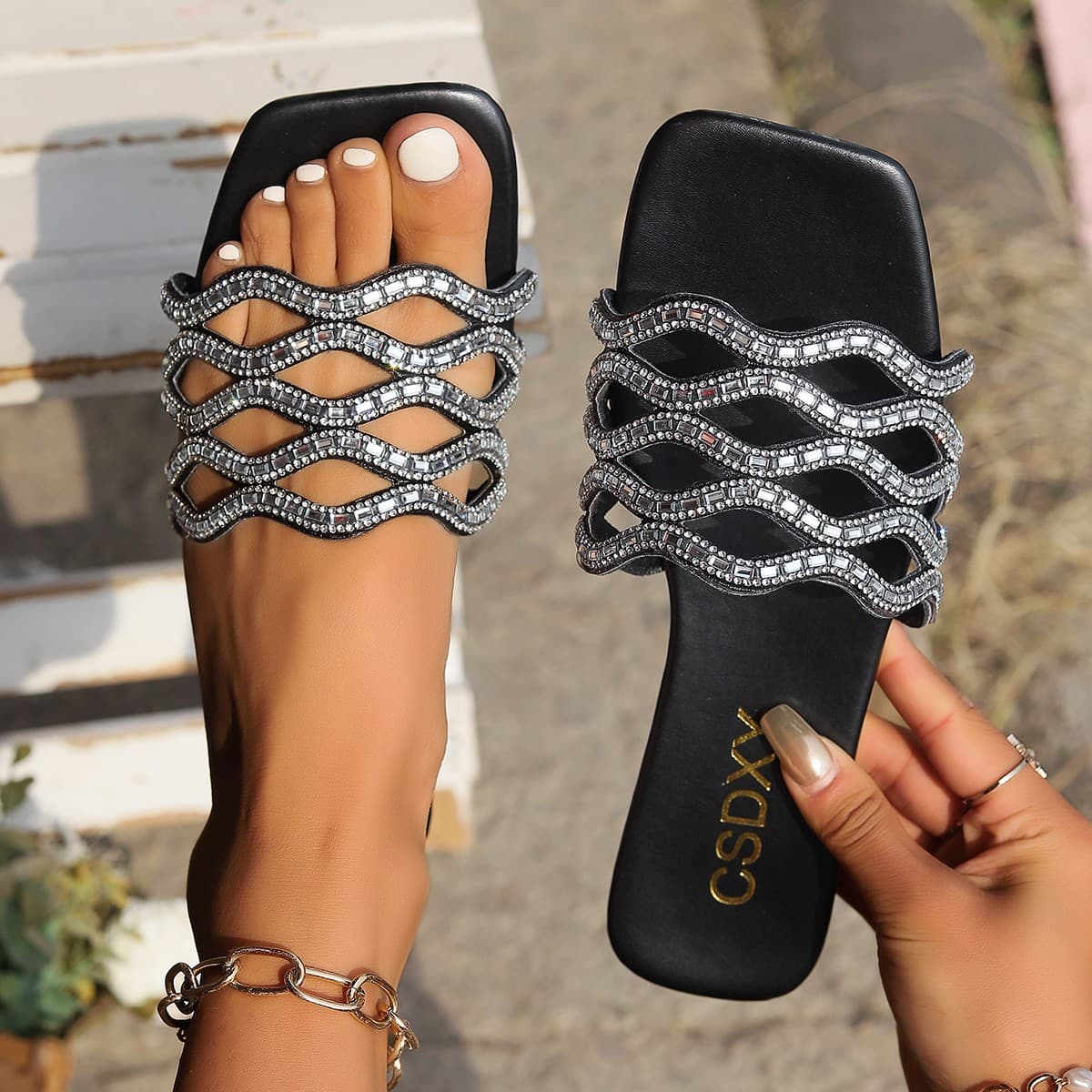 Flat Slippers Rhinestone One-Strap Flat Bottom Women's Square Toe Slip-On House Slippers Export Large Size