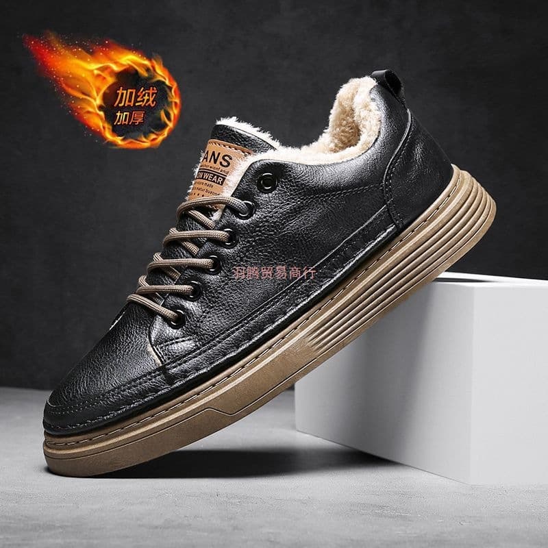 Men's winter fleece-lined warm cotton shoes, versatile black leather shoes, sneakers, men's casual sports trendy shoes.