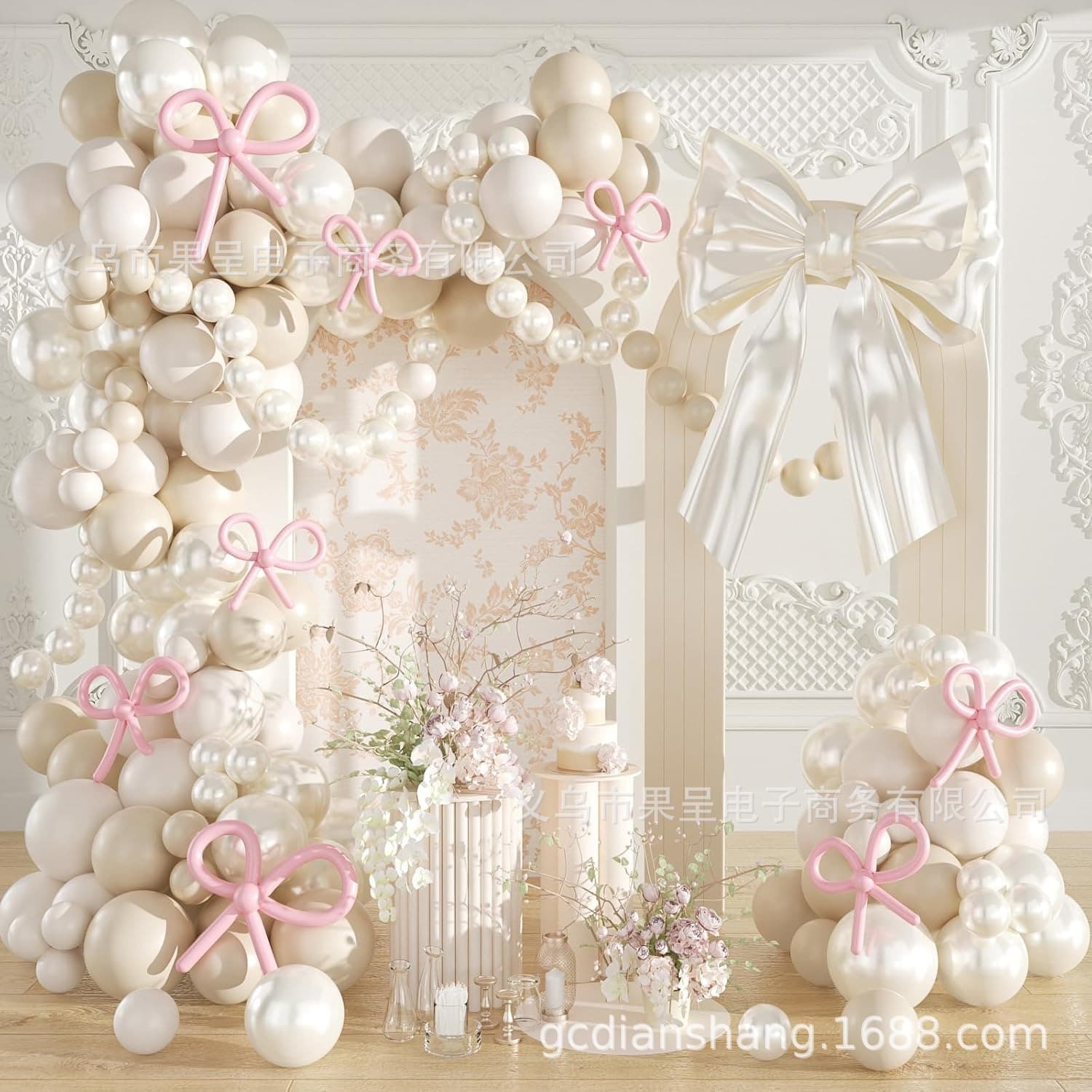 White and Pink Bow-Themed Birthday Party Balloon Set, Baby Shower Wedding Decoration Garland Balloon Arch