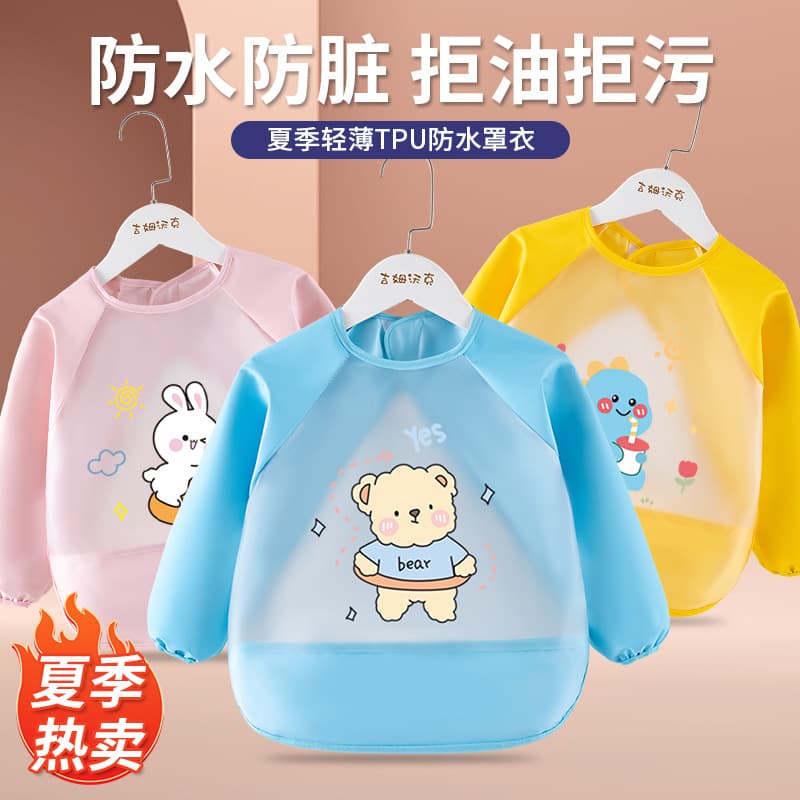 Waterproof Baby Bib Apron for Kids, Long Sleeve, Anti-Stain, Reversible, Summer, Infant Feeding Smock