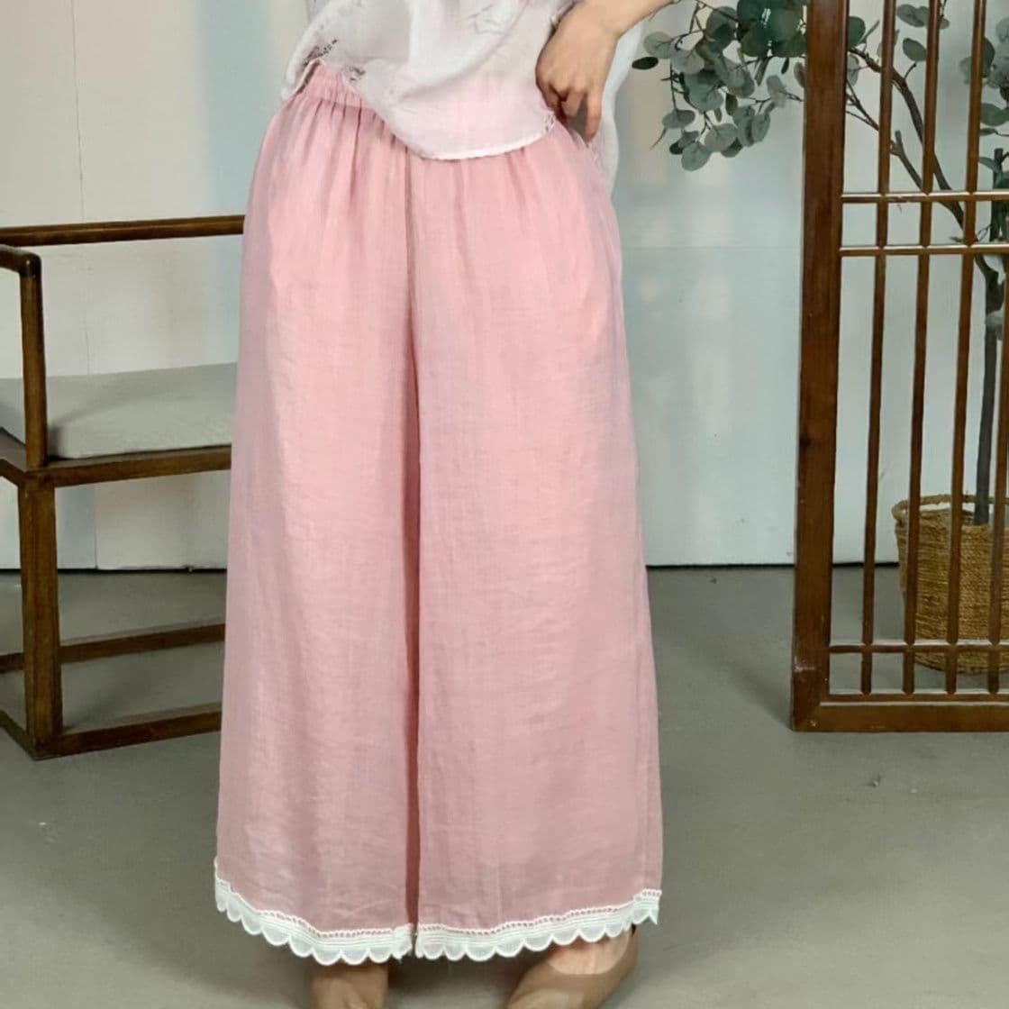 Wide-leg lace cotton and linen pants for women 2025 elastic waist nine-point pants summer new solid color literary straight loose casual pants