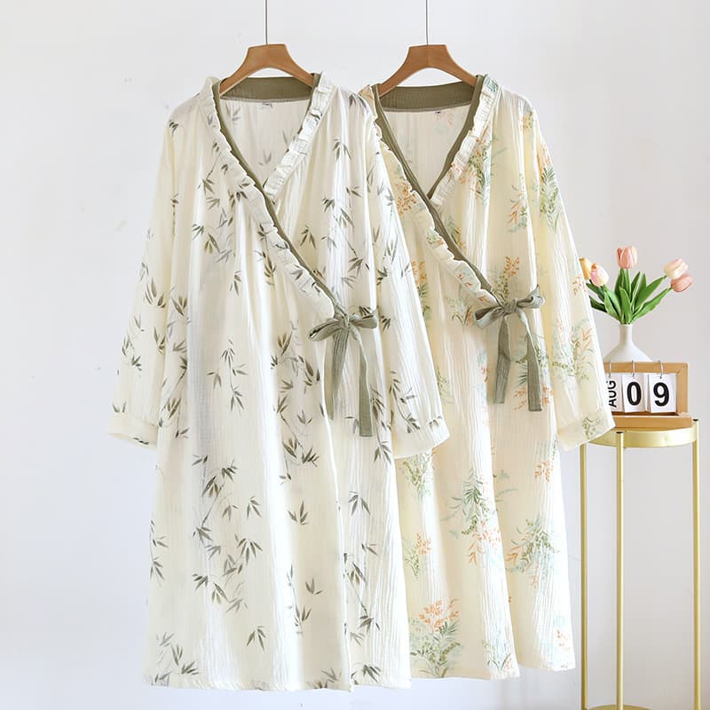 Cotton Double-Layer Crepe Bathrobe, Women's Color-Block Ruffle Tie-Waist Long-Sleeve Kimono Thin Robe, Bathrobe Sauna Wear