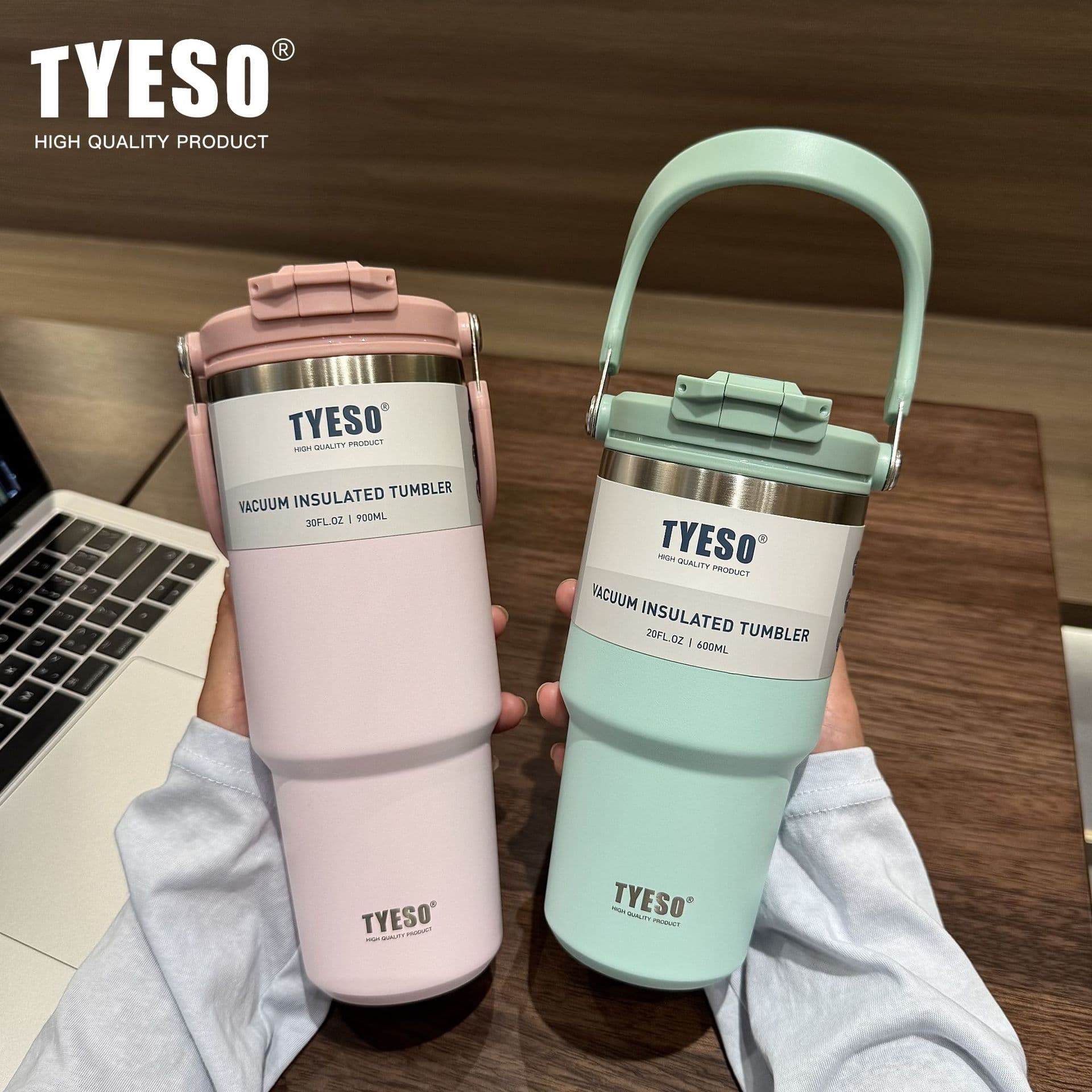 Tyeso Ice Cup Portable Double-Drink Large Capacity 304 Stainless Steel Car Insulated Cup with Straw Cold-Keeping Coffee Cup