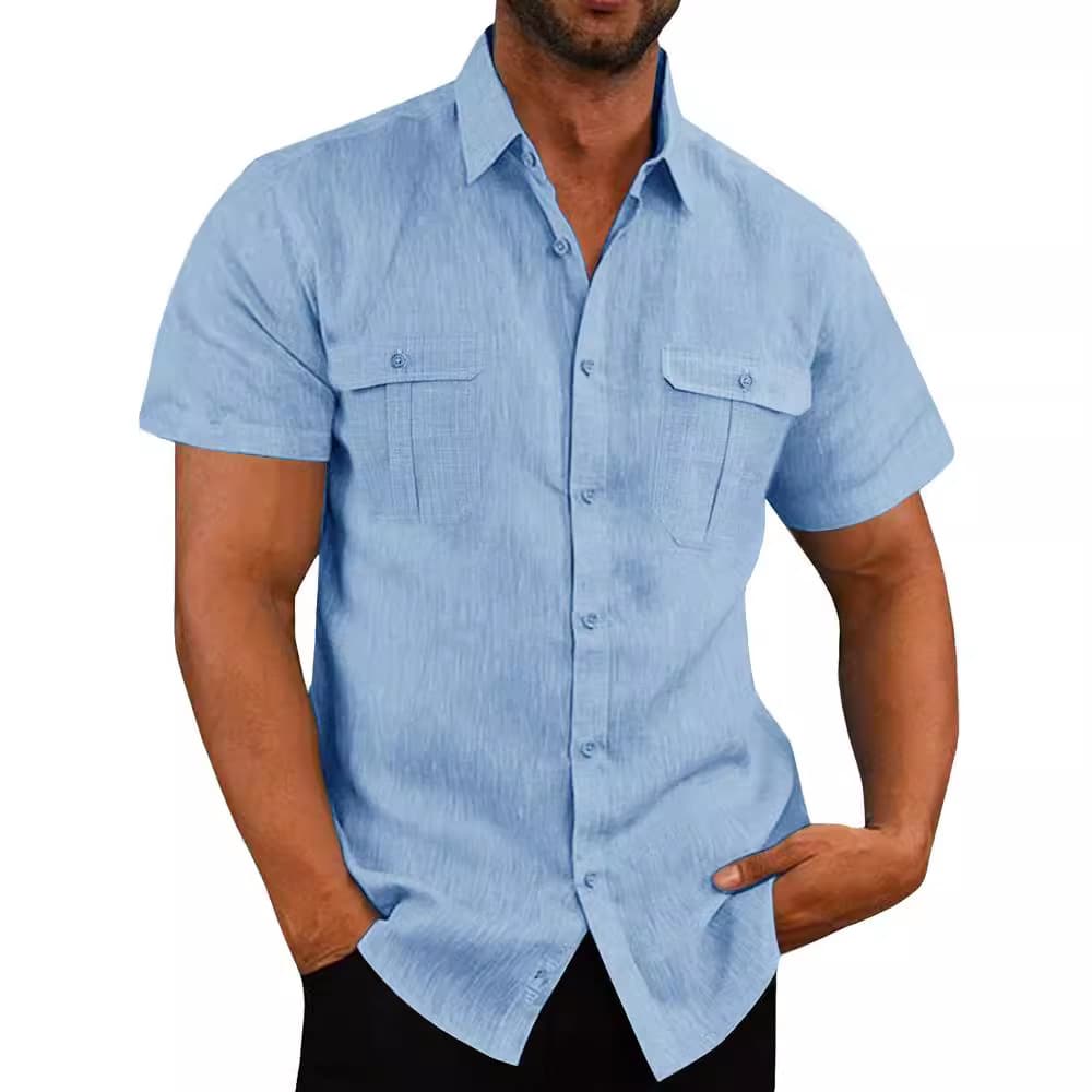 New 2023 summer simple shirt men's solid color patchwork linen cardigan short-sleeved loose lapel men's shirt