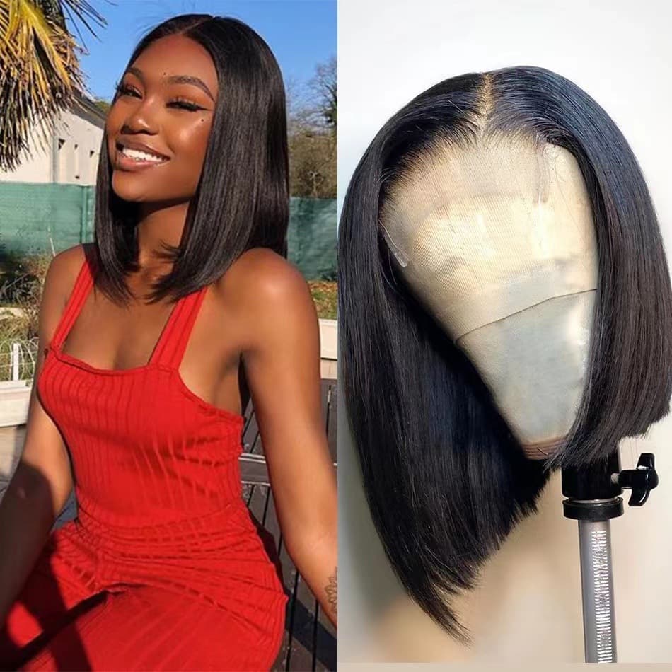 African Wig Women's Europe and America New Black Center Part Short Straight Bobo Hair High Temperature Fiber Wig Cap Women's Short Wig