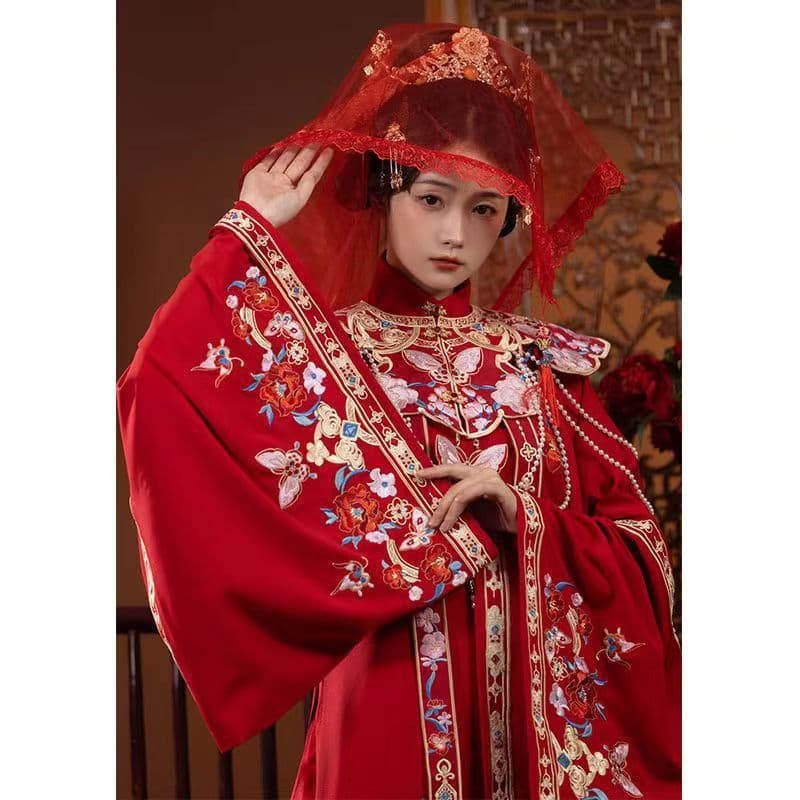 New Original "Red Dye" Heavy Embroidery Wedding Ming-style Hanfu Women's Stand-up Collar Shirt with Cloud Collar, Autumn/Winter Collection