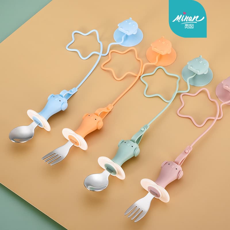 Stainless Steel Training Spoon Fork Silicone Anti-Fall Baby Eating Short Spoon Fork Suction Cup Anti-Fall Chain Home Supplies