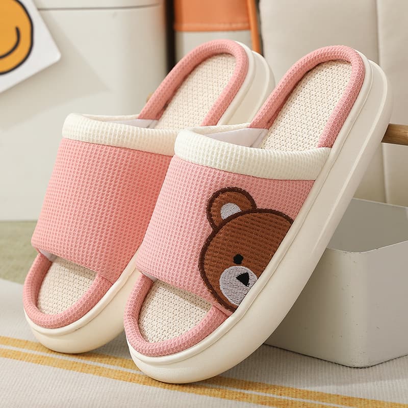 Four-season linen slippers for women, summer breathable thick-soled home indoor wooden floor silent non-slip cotton and linen sandals for men