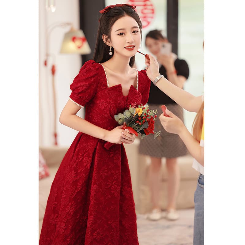 Burgundy Plus Size Maternity Wedding Toast Dress 2026 New Style French Toast Dress Wearable for Daily Use Engagement Party Dress