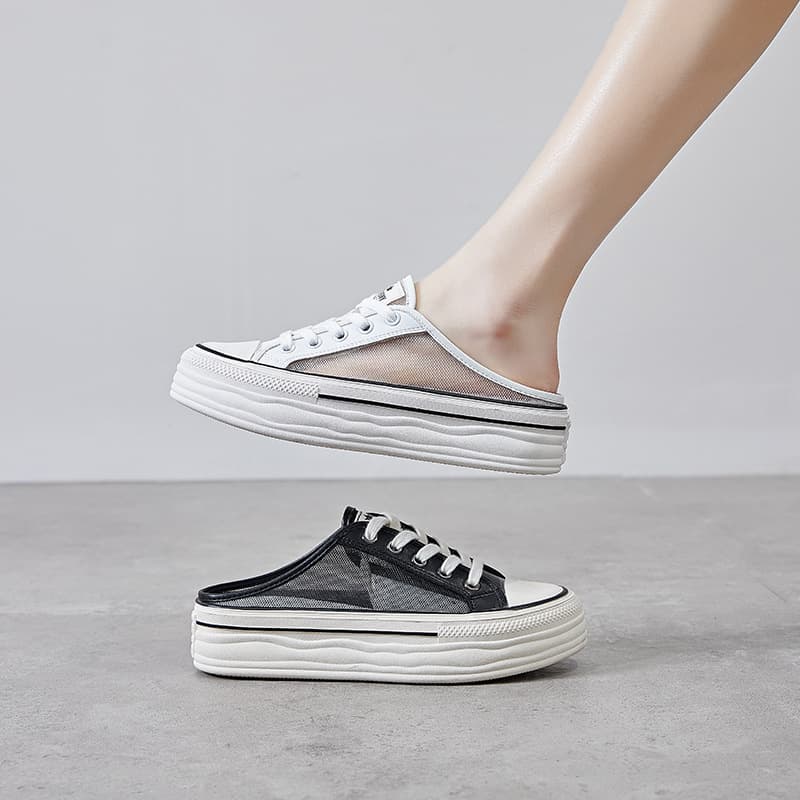 Mesh Top Baotou Half Slippers Women's 2023 New All-match Outwear Shoes Thick Sole Increased White Sandals and Slippers for Summer