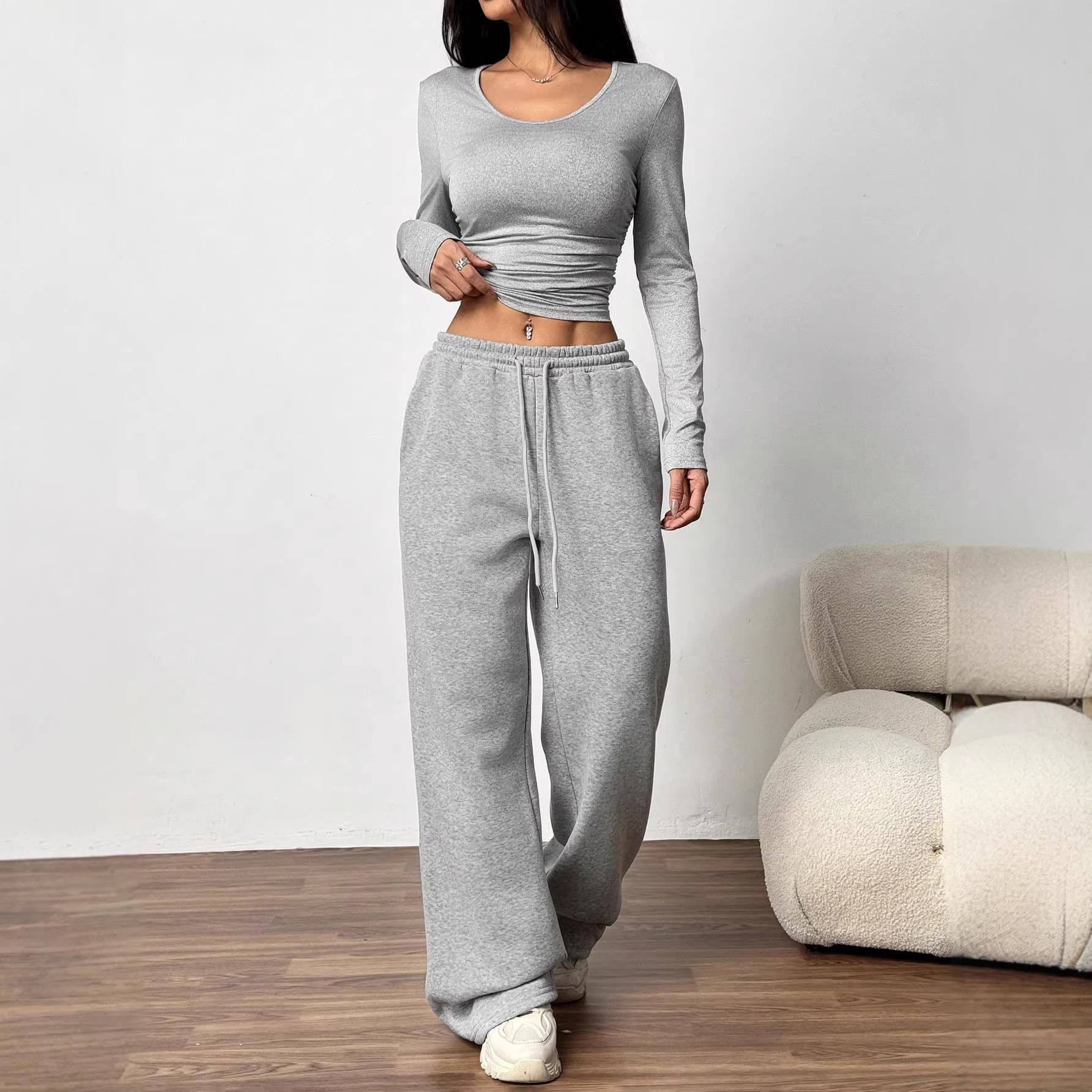 European American Cross-Border Spring Autumn New Arrival Sexy Slim Fit Casual Short Top Long Sleeve Pocket Pants Women's Set