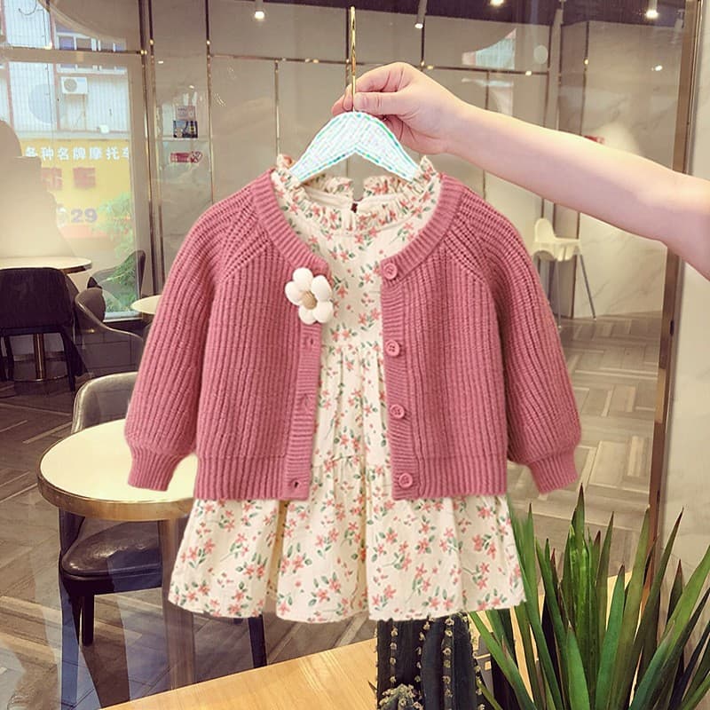 Korean Style Girls Knitted Cardigan Autumn Fashion Pink Floral Sweater Casual Top for Kids