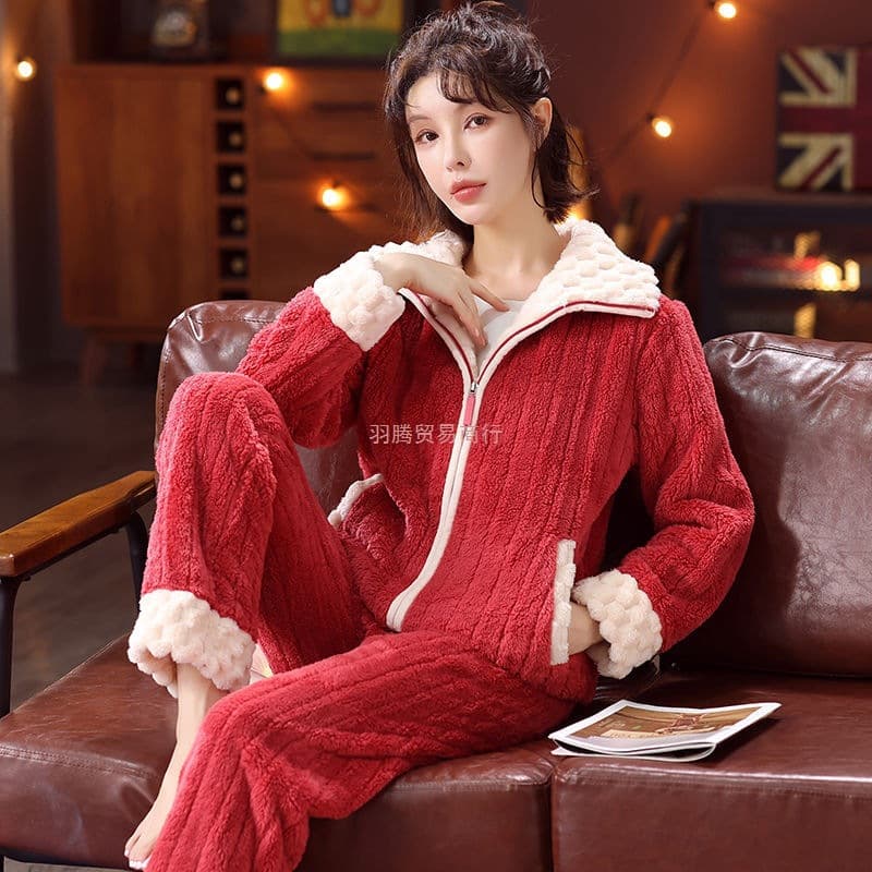 2025 Autumn/Winter Couple Plush & Thickened Zipper Warm Comfortable Loose Pajamas Homewear Set, Can Be Worn Outdoors