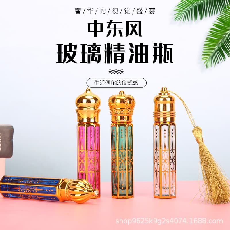 Colorful Electroplated Octagonal Essential Oil Bottle Glass Roller Bottle Crown Tassel Cap Cosmetic Sub-Bottle Perfume Sample Bottle