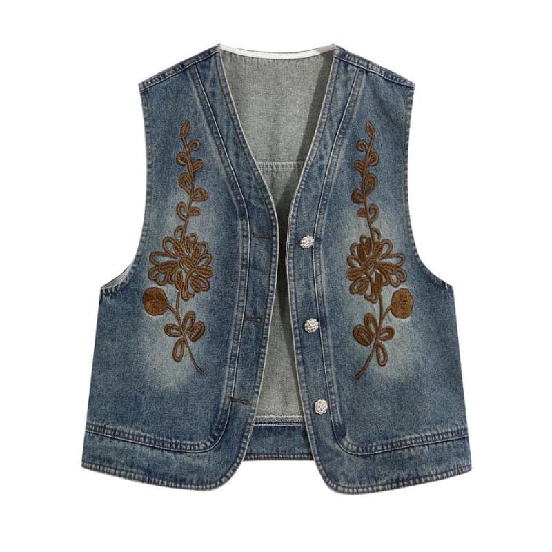 Those Things Wardrobe Retro Denim Embroidered Vest for Women Summer Fashion Versatile Casual Sleeveless Waistcoat