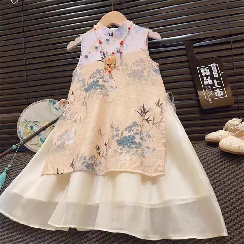 2024 Stylish Girls' Cheongsam Summer New Children's Chinese Printed Dress Long Dress Baby's Chinese Style Skirt