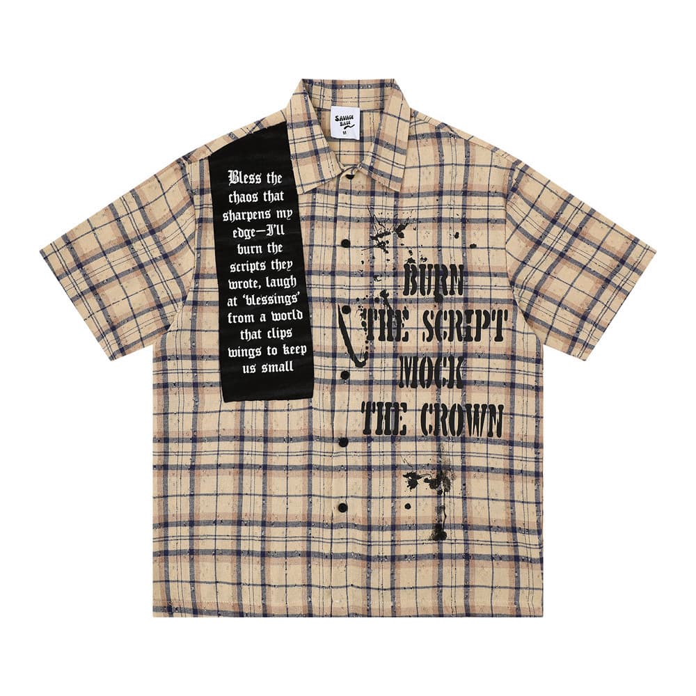 Wasteland Plaid Short Sleeve Shirt - Unique Casual Summer Men's Trendy Splatter Brushed Distressed Grid Shirt