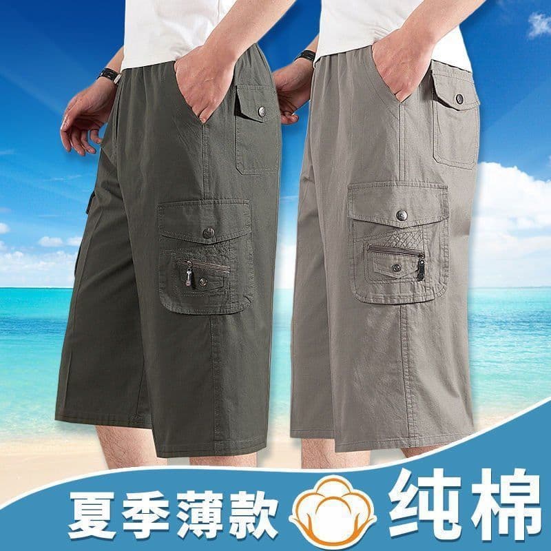 Men's Cotton Capri Pants Summer Lightweight Shorts for Middle-Aged and Elderly Men, Loose Fit, Plus Size, Knee-Length