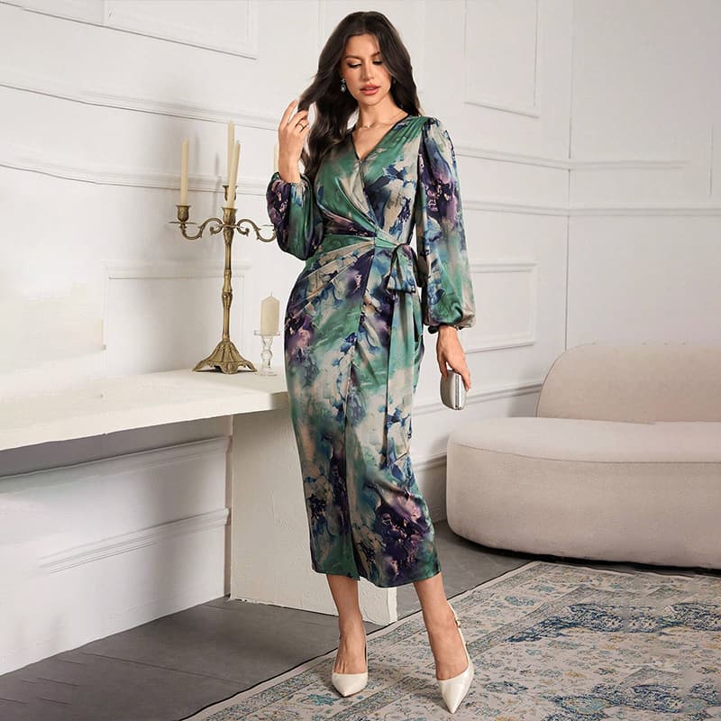 2025 New Style Elegant Commuter Women's Printed V-Neck Cardigan Lace-Up Slim Dress